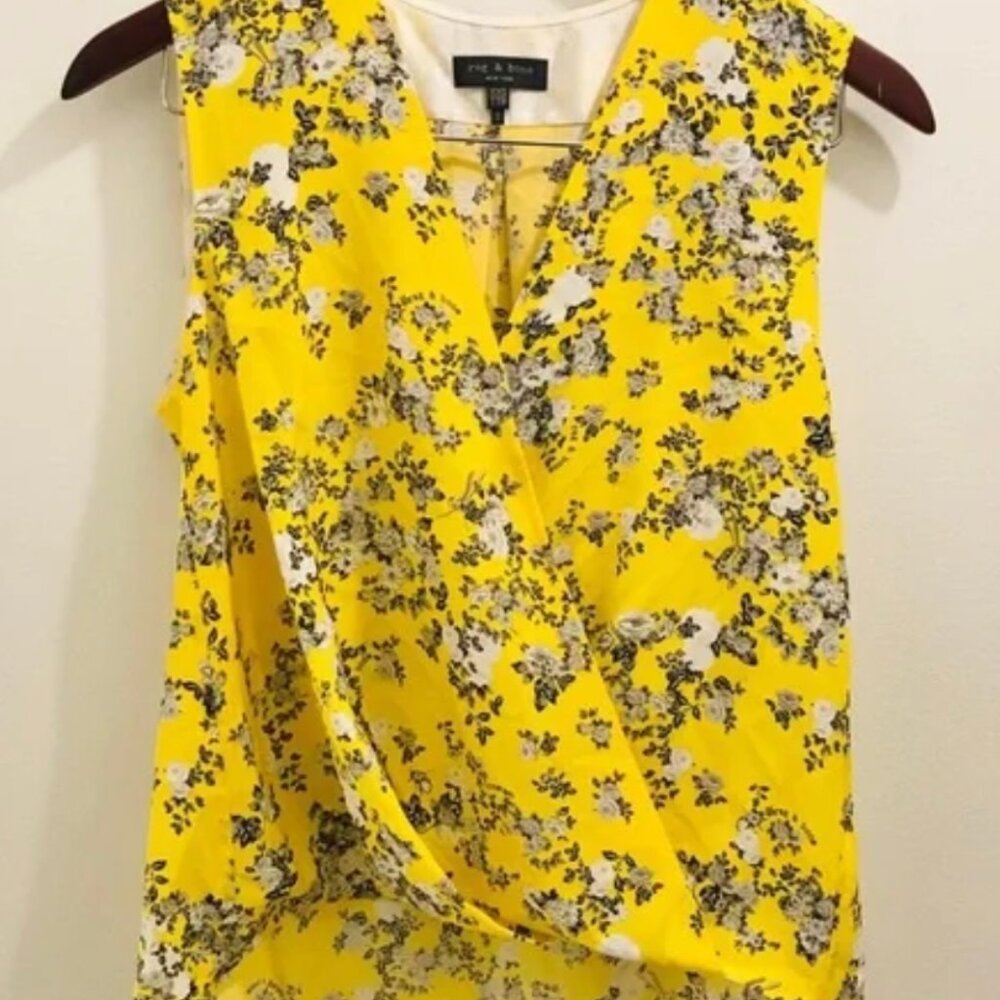 Rag & Bone silk blouse Victor yellow Floral Top sleeveless - sz large